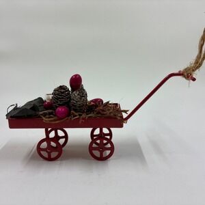 Vintage Little Red Wagon Christmas Ornament With Pinecones And Berries Dollhouse